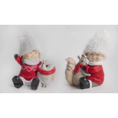 Téli fiú, lány bagollyal, mókussal - Piros - 15 cm