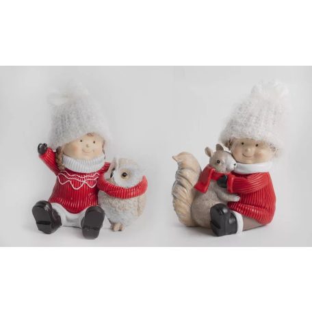 Téli fiú, lány bagollyal, mókussal - Piros - 15 cm