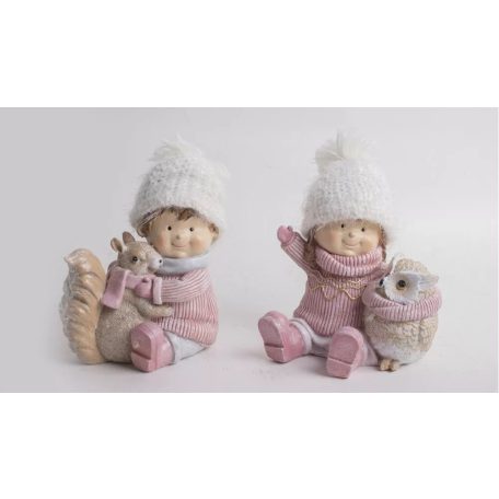  Téli fiú, lány bagollyal, mókussal - Rózsaszín - 15 cm