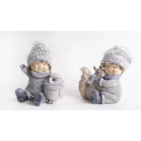 Téli fiú, lány bagollyal, mókussal - Szürke - 15 cm