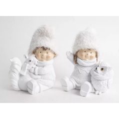  Téli fiú, lány bagollyal, mókussal - Fehér - 15 cm