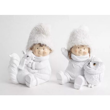  Téli fiú, lány bagollyal, mókussal - Fehér - 15 cm