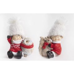 Téli fiú, lány bagollyal, mókussal - Piros - 10 cm