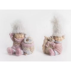 Téli fiú, lány bagollyal, mókussal - Rózsaszín - 10 cm