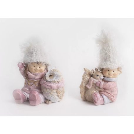 Téli fiú, lány bagollyal, mókussal - Rózsaszín - 10 cm