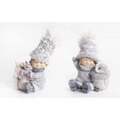 Téli fiú, lány bagollyal, mókussal - Szürke - 10 cm