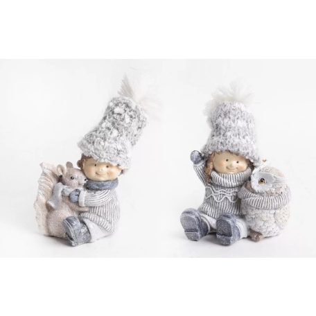 Téli fiú, lány bagollyal, mókussal - Szürke - 10 cm