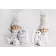 Téli fiú, lány bagollyal, mókussal - Fehér - 10 cm