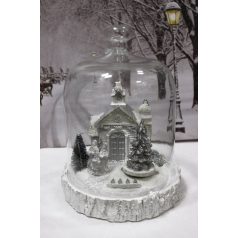 Fehér világító templom üvegbúrában - 22 cm