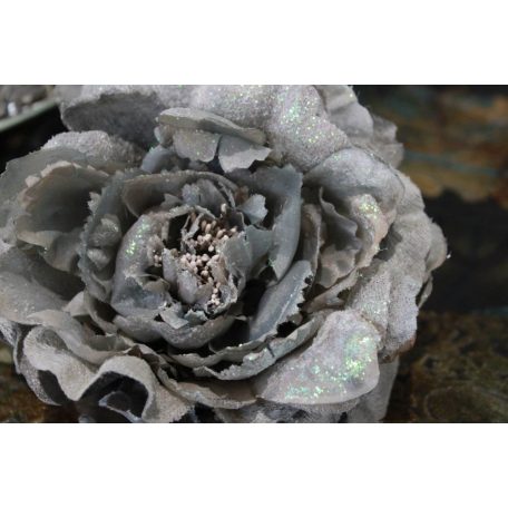 Ezüst bazsarózsa csillámmal - 14 cm 