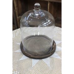 Átlátszó üveg kupola, fa tálcán - 29 cm