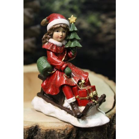 Piros karácsonyi figura - lány szánon - 11cm