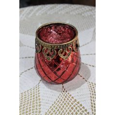 Piros üveg gyertyatartó díszítéssel - 10 cm