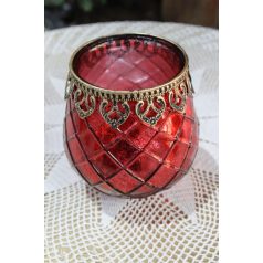 Piros üveg gyertyatartó díszítéssel - 14 cm  