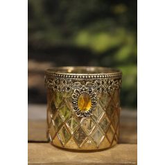 Arany üveg gyertyatartó dekor drágakővel - 10 cm