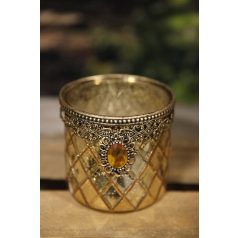 Arany üveg gyertyatartó dekor drágakővel - 10 cm