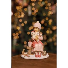 Rózsaszín karácsonyi lány szánon figura - 16 cm
