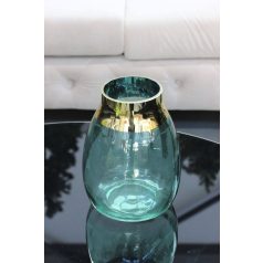 Zöld üveg váza arany peremmel - 23 cm