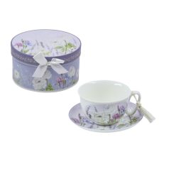   Teáscsésze alátéttel díszdobozban lila-fehér virággal 