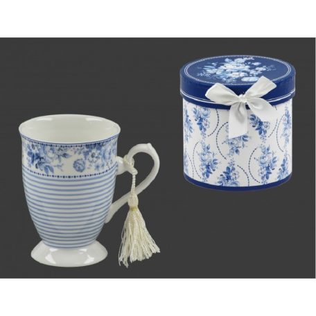 Bögre kék csíkos virágos díszdobozban - 250 ml