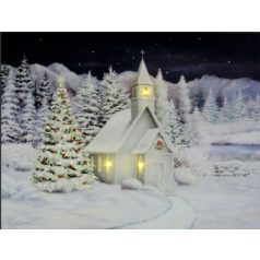    3+40 LEDes világító falikép havas templom + karácsonyfa - 40x30 cm 