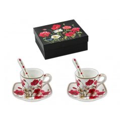   Kávéscsésze +kiskanál +alátét 2+2+2 - pipacsos díszdobozban