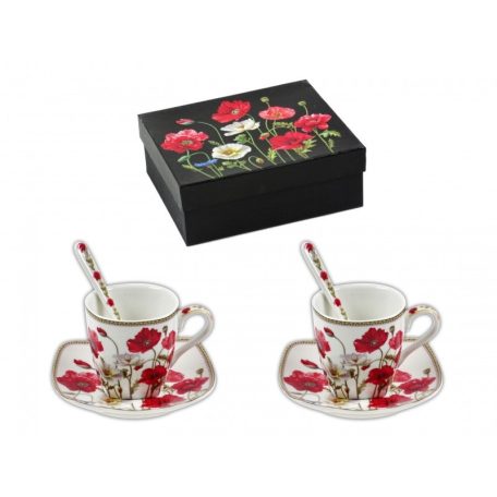 Kávéscsésze +kiskanál +alátét 2+2+2 - pipacsos díszdobozban