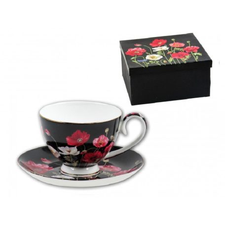 Teáscsésze+alátét fekete pipacsos díszdobozban - 250 ml 