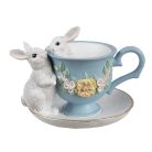  Fehér nyuszi figurák kék csészében - 13x16x12 cm - Raktáron