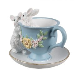    Fehér nyuszi figurák kék csészében - 13x16x12 cm - Raktáron