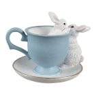  Fehér nyuszi figurák kék csészében - 13x16x12 cm - Raktáron