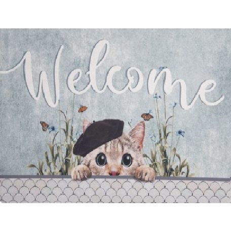 Welcome-sapkás cica, Előszoba belépő gumi-polyester, - 74x44 cm  