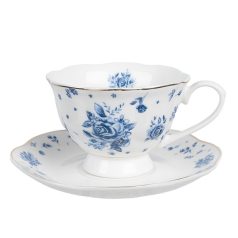   Clayre & Eef - Porcelán teáscsésze+csészealj - Kék-fehér - 200 ml
