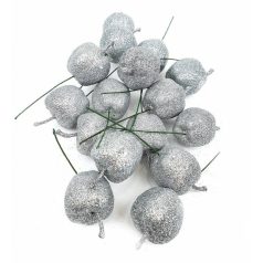   Glitteres drótos alma*16 - Ezüst - 3 cm almák - 16 db/csomag 