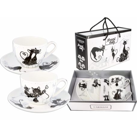 Carmani porcelán bögre+alj - Fekete macskás - 250 ml - 2 db-os szett 