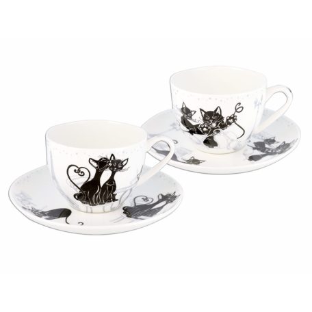 Carmani porcelán bögre+alj - Fekete macskás - 250 ml - 2 db-os szett 
