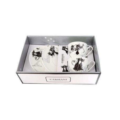 Carmani porcelán bögre+alj - Fekete macskás - 250 ml - 2 db-os szett 