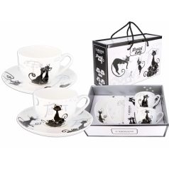   Carmani porcelán bögre+alj - Fekete macskás - 250 ml - 2 db-os szett 