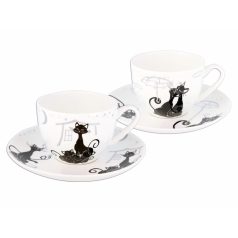  Carmani porcelán bögre+alj - Fekete macskás - 250 ml - 2 db-os szett 