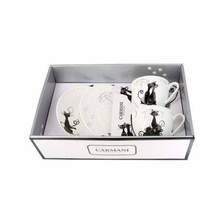 Carmani porcelán bögre+alj - Fekete macskás - 250 ml - 2 db-os szett 