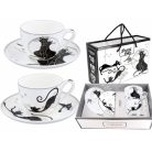 Carmani porcelán bögre+alj - Fekete macskás - 250 ml - 2 db-os szett 