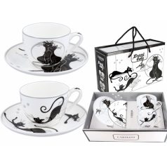   Carmani porcelán bögre+alj - Fekete macskás - 250 ml - 2 db-os szett 