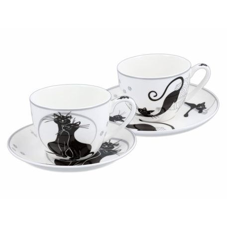 Carmani porcelán bögre+alj - Fekete macskás - 250 ml - 2 db-os szett 